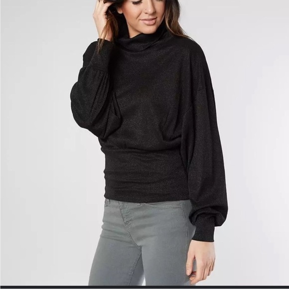 Free People Black Metallic Glam Drop Shoulder Turtleneck Shirt/Sweater Sz M - Picture 2 of 9